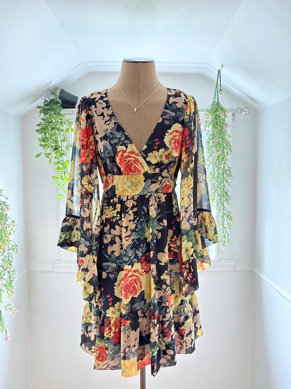 Betsey Johnson Black Floral Flutter-Sleeve Wrap Mini Dress - Picture 2 of 7
